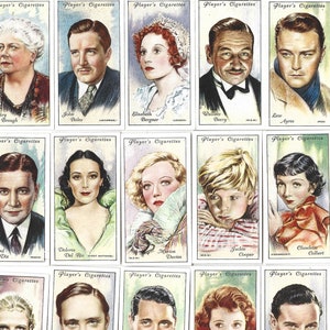 50 vintage sigarettenkaarten - filmsterren (2e serie). 1934. Volledige set. Jan Speler. Tabakskaarten. Vintage Hollywood-filmmemorabilia cadeau