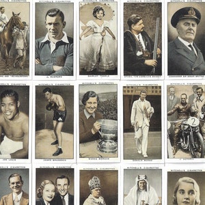 Eine Galerie von 1935. Bemerkenswerte und berühmte Persönlichkeiten. Moderner Nachdruck des Original-Sets von 50 Mitchell-Zigarettenkarten aus dem Jahr 1938 Sportkarten Joe Louis