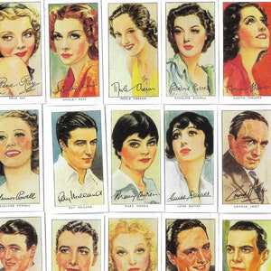 Filmstars (3.Serie). Moderner Nachdruck des originalen Sets von 50 John Player Zigarettenkarten aus dem Jahr 1938. Vintage Klassische Hollywood-Schauspieler