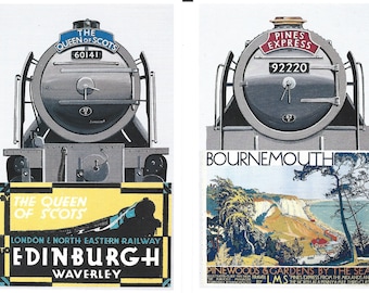 Named British Trains Postcards. Set of 6 in beautiful illustrated wrapper. Cunard Paris Edinburgh. Gift Postcrossing Railwayana