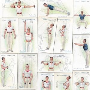 May include: A collection of vintage cigarette cards featuring illustrations of men performing various exercises. The cards depict exercises with dumbbells, stretching, and calisthenics. The men are dressed in athletic attire, with text at the top of each card.