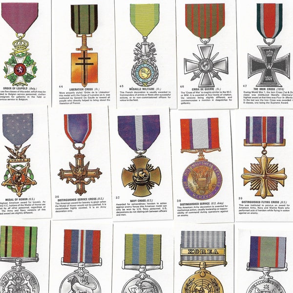 Médailles de guerre du monde entier – Ensemble complet de 50 cartes commerciales émises par Tommy Gun en 1971. Cadeau militaire de l'armée de l'air, de la marine