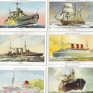 25 Vintage Cigarette Cards - Famous British Ships. 1952. Full Set. Amalgamated Tobacco cards. Navy Naval Sailor Marine Ships Military Gift