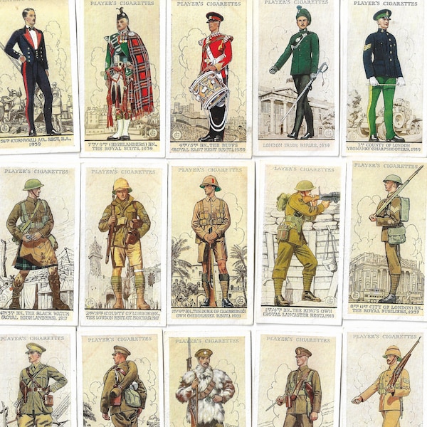 50 Vintage Cigarette Cards - Uniforms of the Territorial Army. 1939. Full Set. John Player. Tobacco cards Trade cards. Gift
