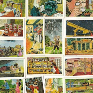 50 cartes de thé vintage - Inventeurs et inventions. Brooke Bond. Ensemble complet. Article original (1975) Science Technologie Innovation Histoire Nerd Gift