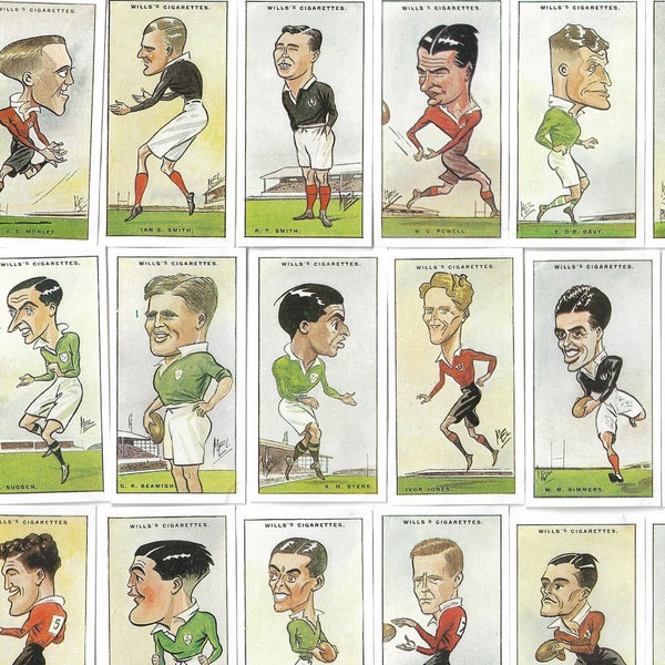 Internationaux de Rugby. Réimpression moderne de l'ensemble complet original de 1929 de 50 cartes à cigarettes Wills. Cadeau de cartes de sport britanniques