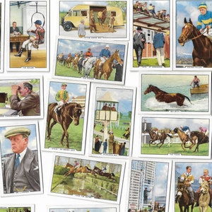 48 Vintage Zigaretten Karten - Pferderennen Szenen. 1938 Komplettes Set. Gallaher. Tabakkarten Handelskarten. Rennpferde Jockeys Sport Karte Geschenk