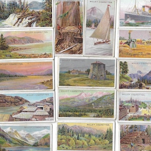 May include: A collection of vintage Wills's Cigarettes cards, each featuring a different landscape scene. The cards depict waterfalls, sailing ships, mountains, and cityscapes, showcasing a variety of natural and man-made environments.