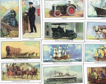 48 Vintage Cigarette Cards - Transport Then and Now. 1939. Full Set. Teofani. Boats Ships Trains Locomotives Railwayana Aviation Planes Gift