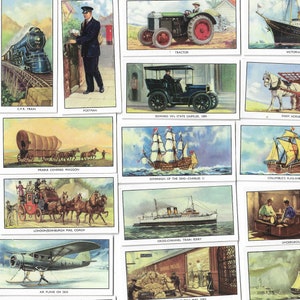 48 Vintage Zigarettenkarten - Transport damals und heute. 1939. Komplettes Set. Teofani. Boote Schiffe Züge Lokomotiven Eisenbahnana Luftfahrt Flugzeuge Geschenk