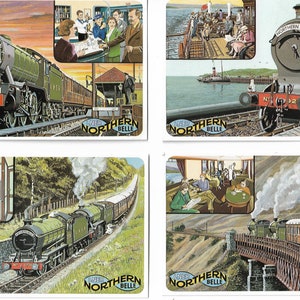 Las postales de la Bella del Norte. Juego de 6 en hermoso envoltorio ilustrado. Trenes de vapor de la línea principal de la costa este de LNER. Ferrocarril posterior al cruce