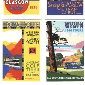Cartes postales d’art d’affiche de tourisme d’Écosse des années 1930. Lot de 6 dans un bel emballage illustré. ferry de bus de voyage vintage Scottish Glasgow Gift