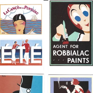 Cartes postales publicitaires Art Déco. Lot de 6 dans un bel emballage illustré. illustrations publicitaires vintage années 1930 plage bord de mer