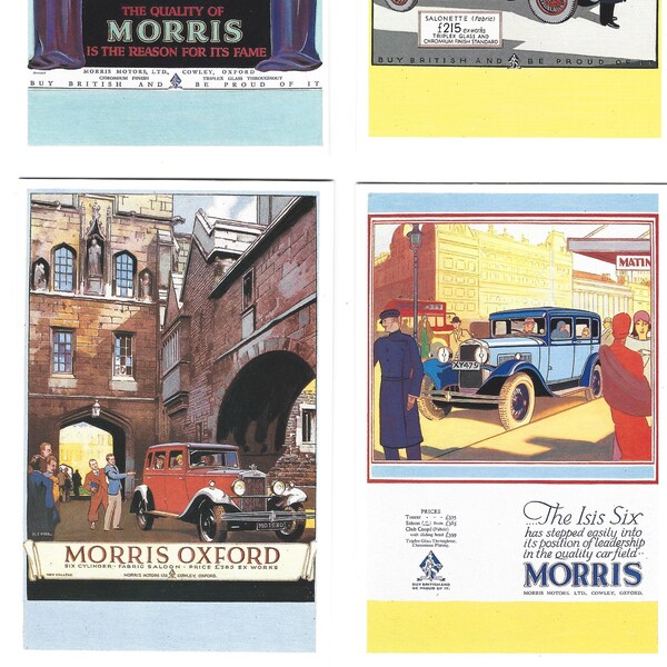 1930s Morris Car Advert Poster Postcards. Set of 6 in beautiful illustrated wrapper. Vintage advertising classic cars motors gift