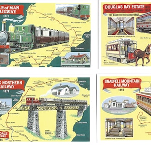 Ferrocarriles de la Isla de Man Las doce postales de líneas originales. Juego de 6 en un bonito envoltorio ilustrado. Regalo de trenes británicos Postcross Douglas