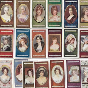 25 Tarjetas de Cigarrillos Vintage - Miniaturas - Retratos Históricos de Mujeres. 1916. Colección completa de tarjetas de tabaco John Player. Tarjetas comerciales. Pinturas artísticas.