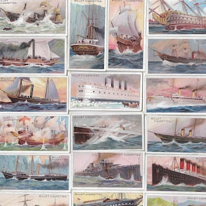 50 Vintage Cigarette Cards - Celebrated Ships. 1911. Full Set. Wills. Tobacco cards Trade cards. Shipping Boats Naval Navy Gift Ephemera