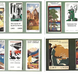 Cartes postales LMSR et LNER vers l'Écosse. Lot de 6 dans un bel emballage illustré. Chemins de fer Écosse Écossais. Cadeau Postcrossing Railwayana