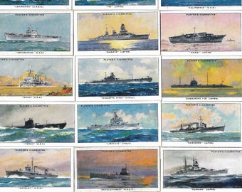 50 Vintage Cigarette Cards - Modern Naval Craft. 1939. Full Set. John Player. Tobacco cards Trade cards. Navy Military History Sailing Boats