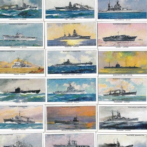 50 Vintage Zigarettenkarten - Modernes Marineschiff. 1939. Volles Set. John Spieler. Tabakkarten Trade Cards. Marine Militär Geschichte Segelboote