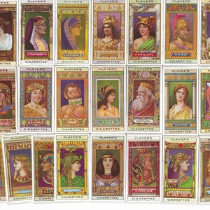 25 Vintage Zigarettenkarten - Altägyptische Könige und Königinnen und klassische Gottheiten. 1911. Volles Set. John Player Trade Karten. Götter Pharaonen