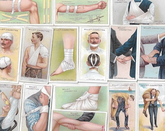 May include: A collection of vintage Wills's Cigarettes cards, featuring illustrations of first aid techniques. The cards depict various injuries and methods for bandaging and supporting limbs, with text labels. The color palette includes greens, whites, and browns.