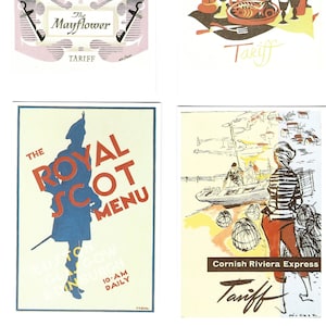 Cartes postales de couverture du menu ferroviaire classique et du tarif du vin. Lot de 6 dans un bel emballage illustré. Trains vintage Annonce Voyage Cadeau