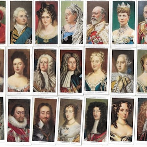 50 Vintage sigarettenkaarten - Koningen &koninginnen van Engeland. 1935. Volledige set. John Player Ruilkaarten. Britse Royalty Royal Queen Elizabeth Gift