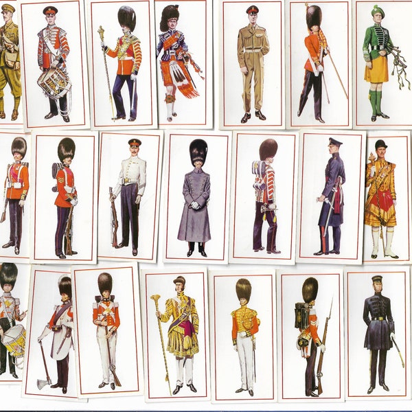 50 Vintage Cigarette Cards - Military Uniforms. 1976. Full Set. Black Cat Cigar Tobacco cards Trade cards. British Army Dress Regiments