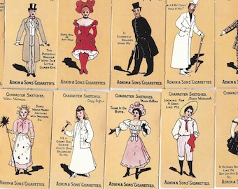 May include: A set of 12 vintage cigarette cards featuring character sketches with humorous captions. The cards are printed on a yellow background with black outlines and feature various characters in different poses and clothing.