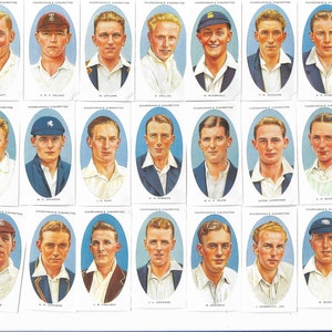 Kricketspieler. Moderner Nachdruck des originalen Sets von 50 Churchman Zigarettenkarten aus dem Jahr 1936. Cricket Geschenk Sport Karten