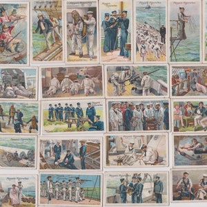 50 vintage sigarettenkaarten - Life on Board a Man of War in 1805 en 1905. Volledige set 1905. John Speler. Royal Navy, marine, militaire uniformen