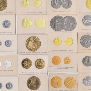 54 Vintage Embossed Cigarette Cards - Coins of the World. Issued in 1929 by Richard Greiling Tobacco. Antique Coin Collector Gift
