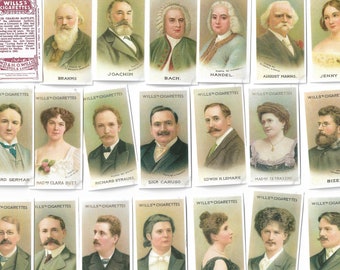 May include: A set of vintage cigarette cards depicting portraits of musical celebrities such as Brahms, Bach, and Jenny Lind. The cards, with white borders, display the brand name "WILLS'S CIGARETTES" and are from a bygone era.