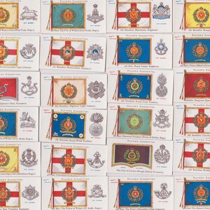 50 Vintage Cigarette Cards - Regimental Colours & Cap Badges (Territorials). 1910. Full Set. John Player. Territorial Army Military Uniforms