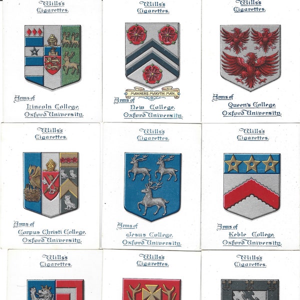 42 Vintage Cigarette Cards - Arms of Oxford and Cambridge Colleges. 1922. Full Set. Wills Tobacco cards. Oxbridge University Heraldry