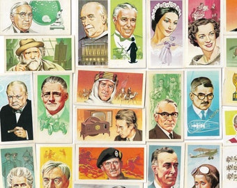 May include: A collection of 24 vintage trading cards featuring portraits of famous people from various fields, including science, politics, entertainment, and sports. The cards are printed on a white background with colorful illustrations and text.