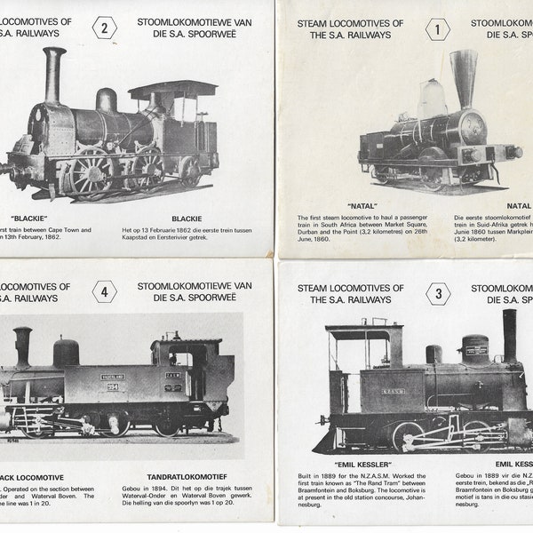 Locomotives à vapeur d'Afrique du Sud. Ensemble de 25 cartes postales. Trains Chemins de fer Locomotive Africaine Railwayana.