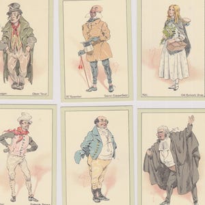 Pode incluir: Um conjunto de seis cartões ilustrados em estilo vintage com personagens literários. Cada cartão mostra uma figura em trajes de época com o nome e o título do livro impressos abaixo, incluindo The Artful Dodger, Mr. Micawber, Nell, Sam Weller, Mr. Pickwick e Serjeant Buzfuz.