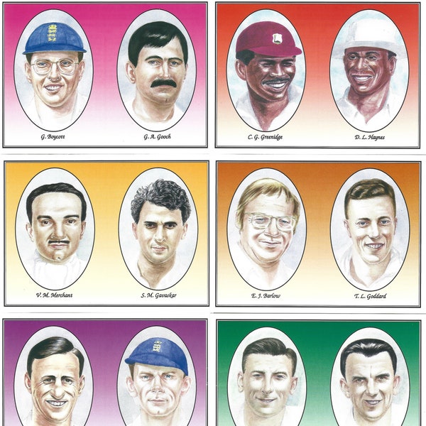 Cricket Opening Pairs - Complete Set of 12 Trade Cards Issued by Country Print Services in 1994. Cricket gift Famous Batsmen Gooch Boycott