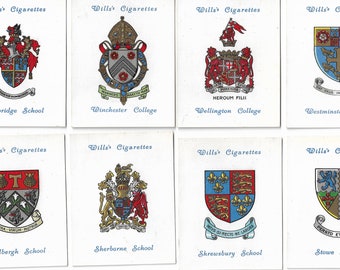 25 Vintage Cigarette Cards - Arms of Public Schools. 1934 Full Set. Wills. Tobacco cards Trade cards. Dulwich Mill Hill Harrow Marlborough