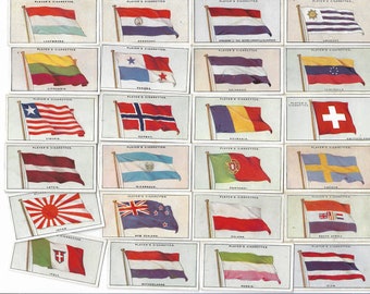 50 Vintage Cigarette Cards - Flags of the League of Nations. 1928. Full Set. John Player Tobacco cards Trade cards. World history gift