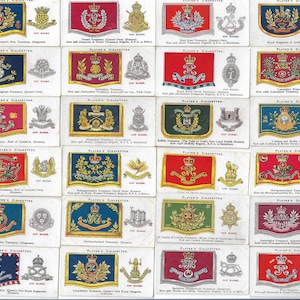 50 vintage sigarettenkaarten: trommelbanners en petbadges. 1924. Volledige set. John Speler. Tabakskaarten Handelskaarten. Brits militair cadeau