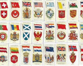 50 Vintage Cigarette Cards - National Flags and Arms. 1936. Full Set. John Player. Tobacco cards Trade cards. Vexillology Flag Gift