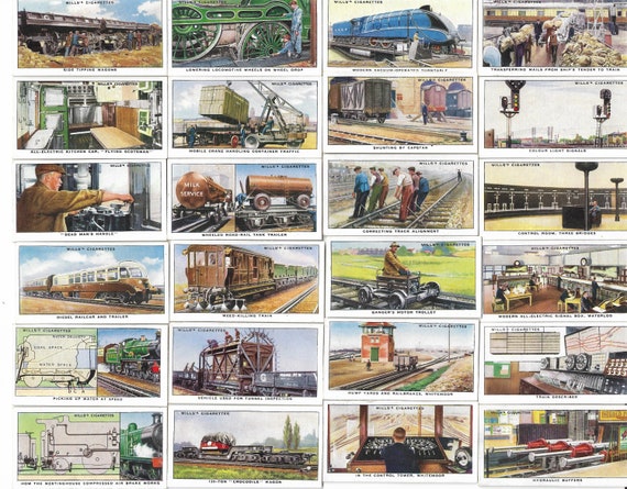 cigarette collectables 50 Vintage Cards - Railway Equipment. 1938. Full Set. Wills. Tobacco Cards Trade Cards. Trains Railways History begining in the late 1950s Danish Vintage Silver Plate Cigarette