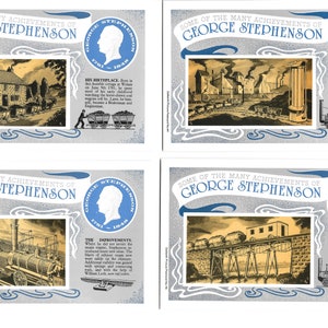 Cartes postales du chemin de fer George Stephenson. Lot de 6 dans un bel emballage illustré. Cadeau de trains britanniques après le passage de Stockton et Darlington