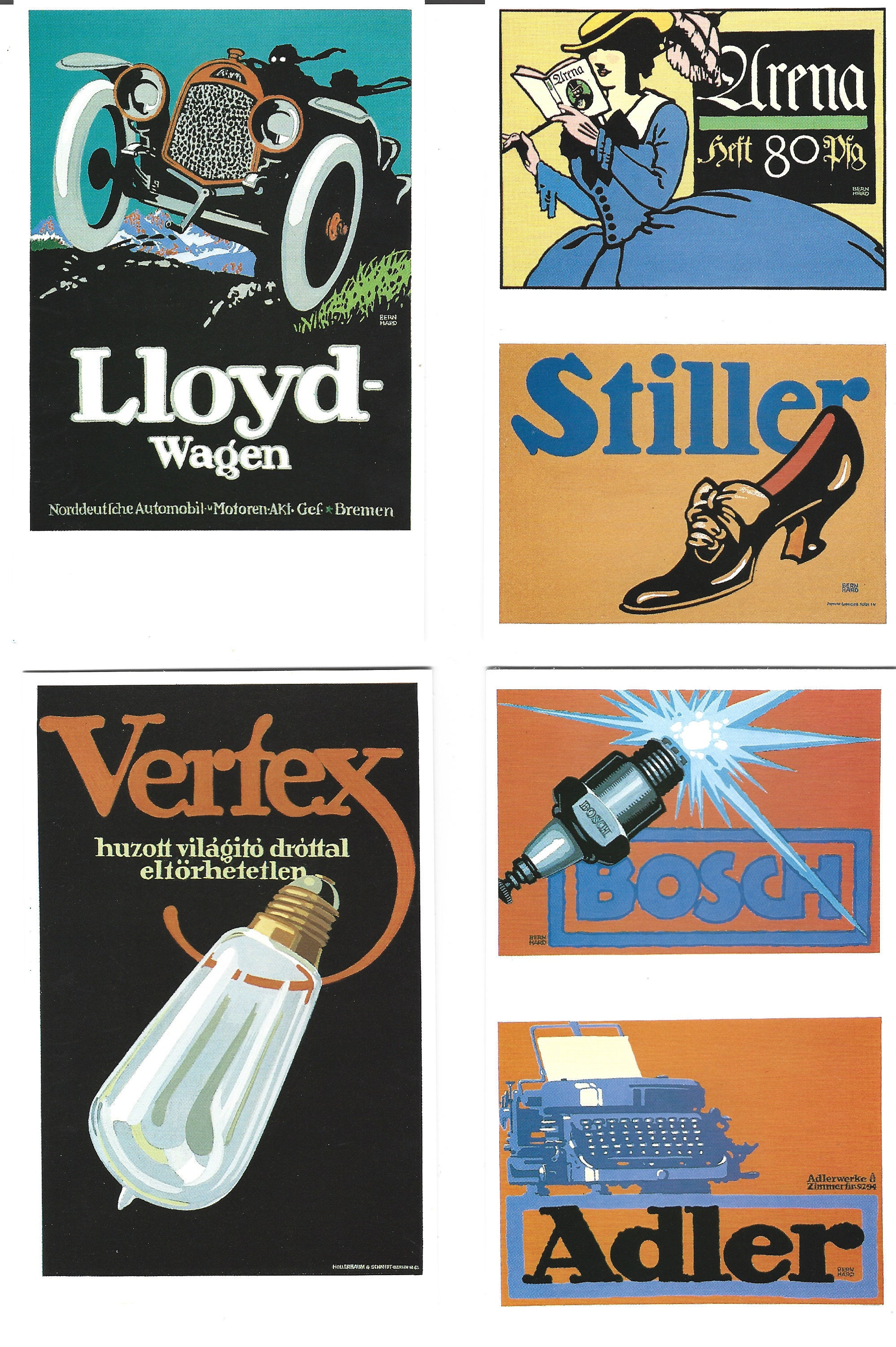 Lucian Bernhard Advertising Art Postcards. Set of 6 in Beautiful
