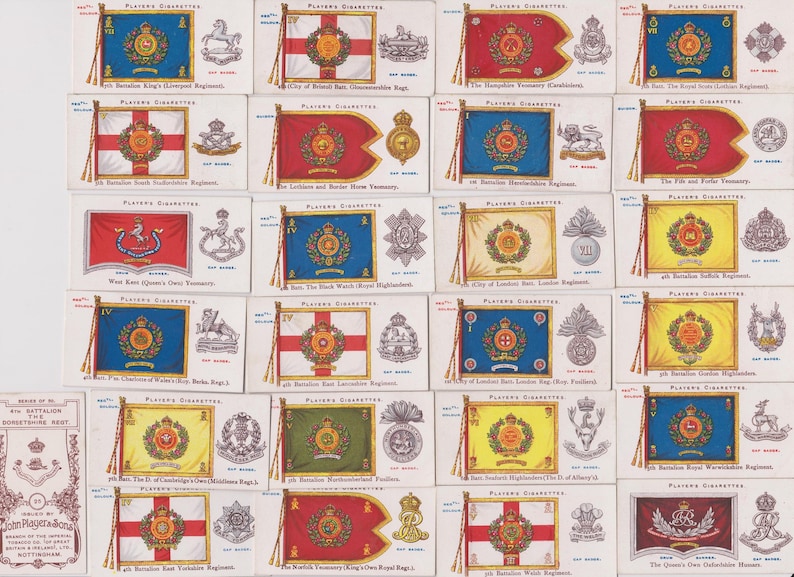 Regiments Design 50 Vintage Cigarette Cards - Regimental Colours & Cap Badges ...