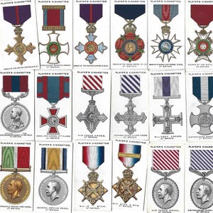 90 Vintage Cigarette Cards - War Decorations & Medals. 1927. Full Set. John Player Tobacco cards. British Army RAF USA Italy Military Gift