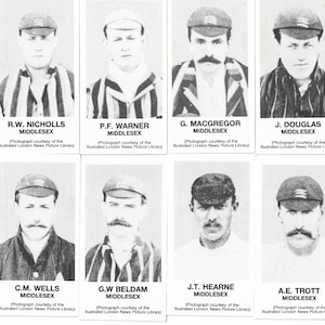 1903 Middlesex Cricketers - Complete set van 11 kaarten uitgegeven door AT Marks in 1990. Cricket Sportkaarten Sportcadeau